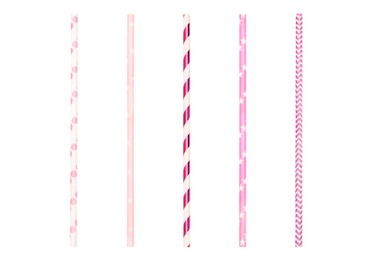 Image of Set of bright paper drinking straws on white background