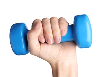 Photo of Woman holding vinyl dumbbell on white background, closeup