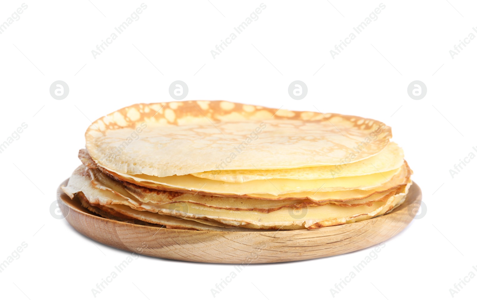 Photo of Stack of fresh thin pancakes isolated on white