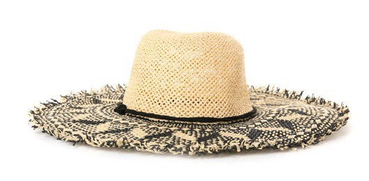 Beautiful straw hat isolated on white. Stylish headdress