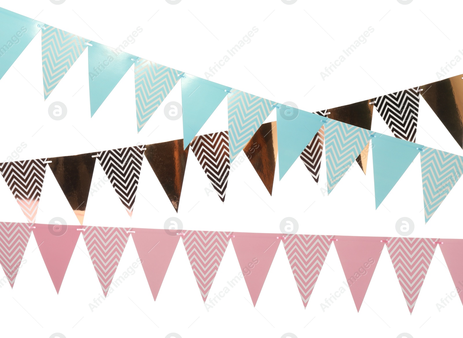 Photo of Buntings with colorful triangular paper flags on white background. Festive decor