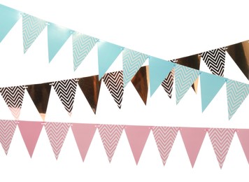 Buntings with colorful triangular paper flags on white background. Festive decor