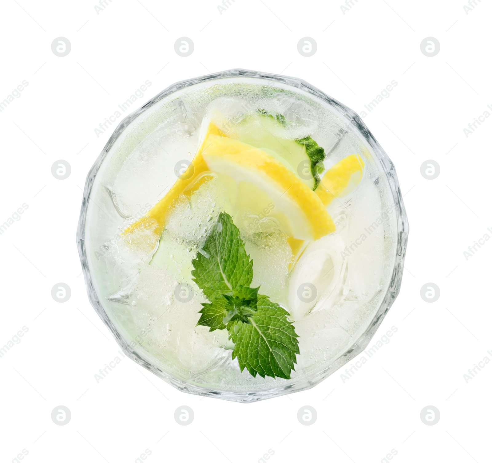 Photo of Refreshing water with cucumber, lemon and mint isolated on white, top view