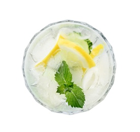 Refreshing water with cucumber, lemon and mint isolated on white, top view