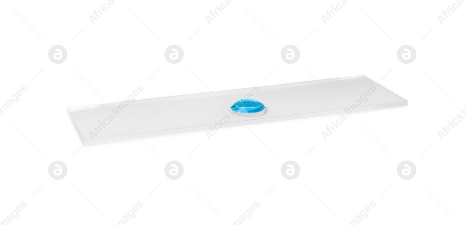 Photo of Microscope slide with sample of light blue liquid isolated on white