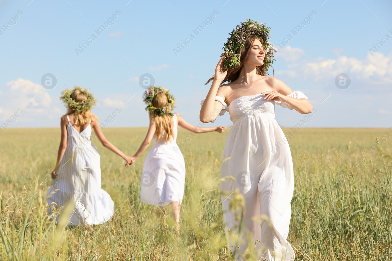 Photo of Young women wearing wreaths made of beautiful flowers in field on sunny day