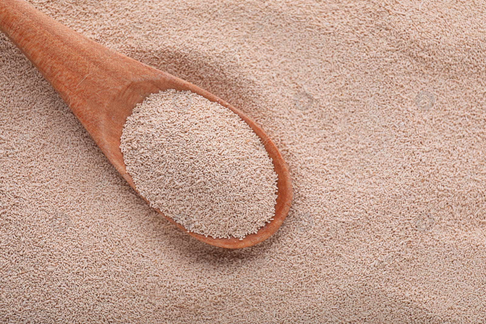 Photo of Spoon on pile of active dry yeast, top view. Space for text