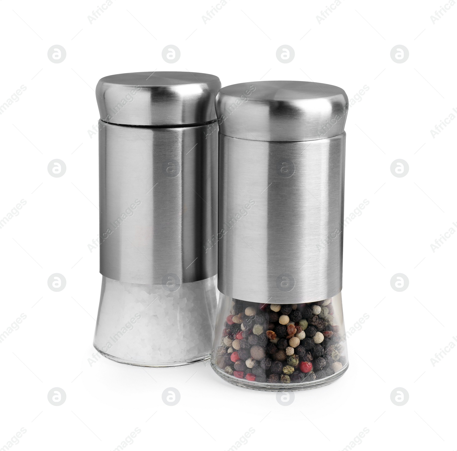 Photo of Salt and pepper shakers isolated on white