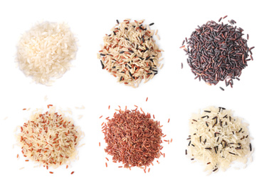 Image of Set with different types of rice on white background, top view