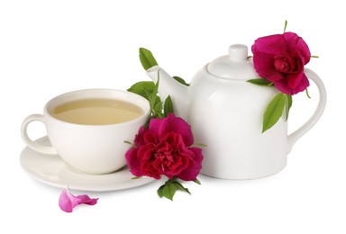 Aromatic herbal tea with rose flowers isolated on white