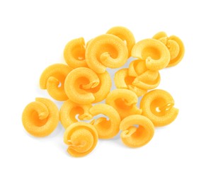 Pile of raw dischi volanti pasta isolated on white, top view