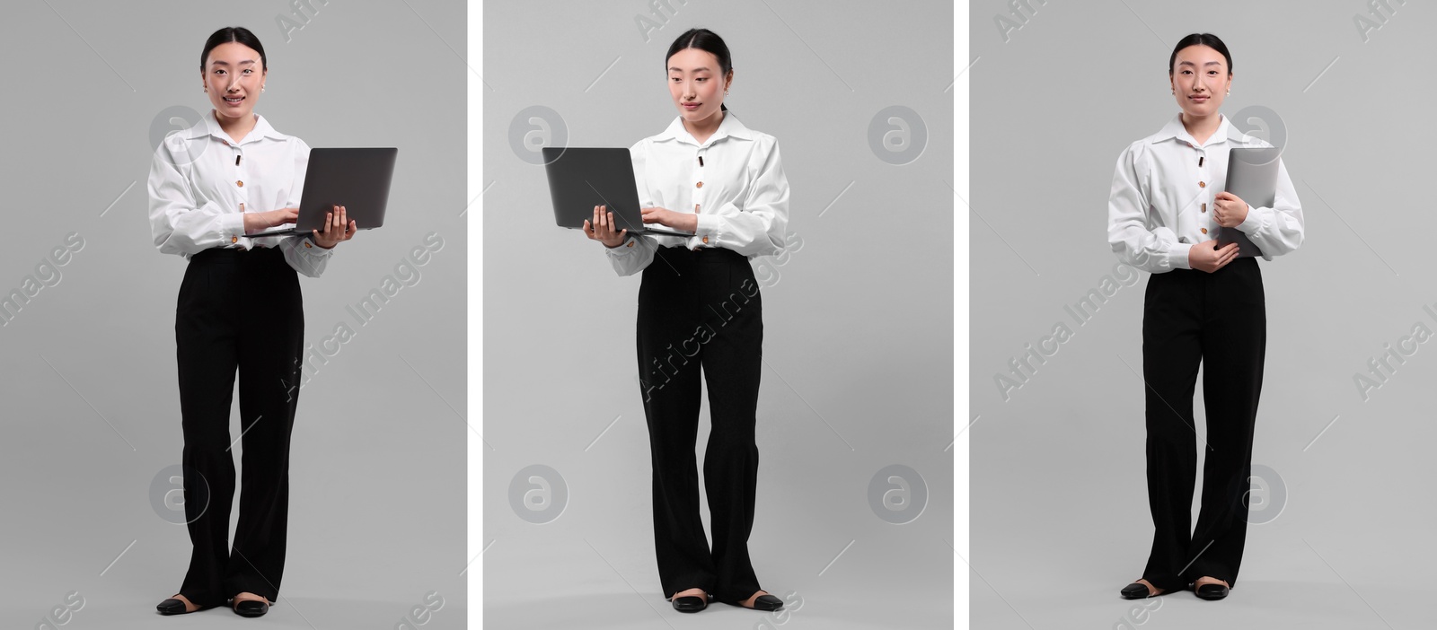 Image of Full length portrait of Asian woman with laptop on grey background, set with photos