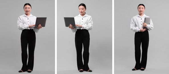 Full length portrait of Asian woman with laptop on grey background, set with photos