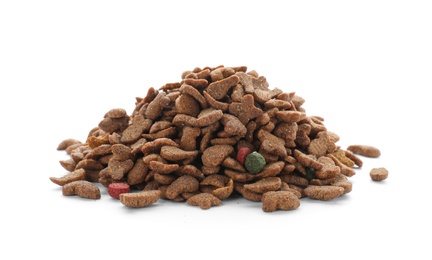 Pile of dry pet food on white background