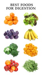 Foods for healthy digestion, collage. Tangerines, green beans, tomatoes, lettuce, figs, bananas, broccoli and dried apricots on white background