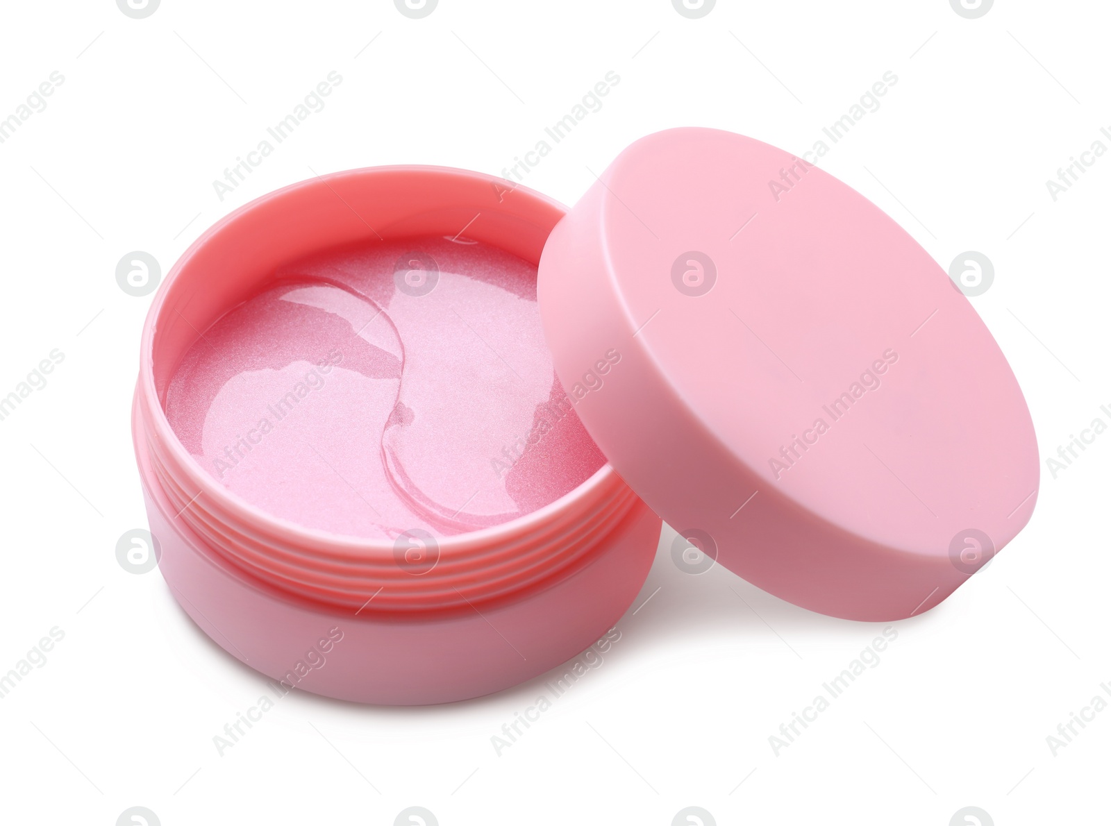 Photo of Under eye patches in jar with lid isolated on white. Cosmetic product