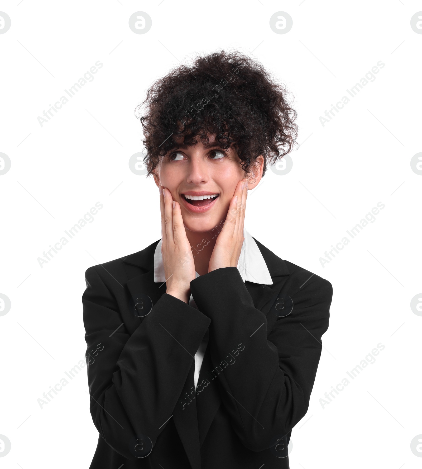 Photo of Beautiful emotional businesswoman in suit on white background