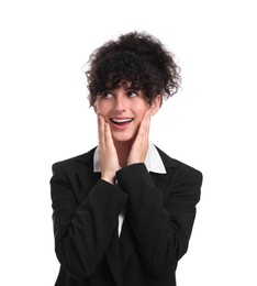 Beautiful emotional businesswoman in suit on white background