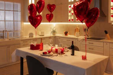 Romantic atmosphere. Cosy kitchen with set table decorated for Valentine day