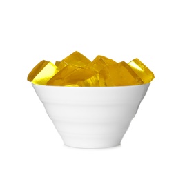 Bowl with tasty jelly cubes isolated on white