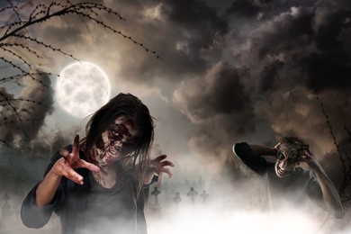 Image of Scary zombies at misty cemetery under full moon. Halloween monsters
