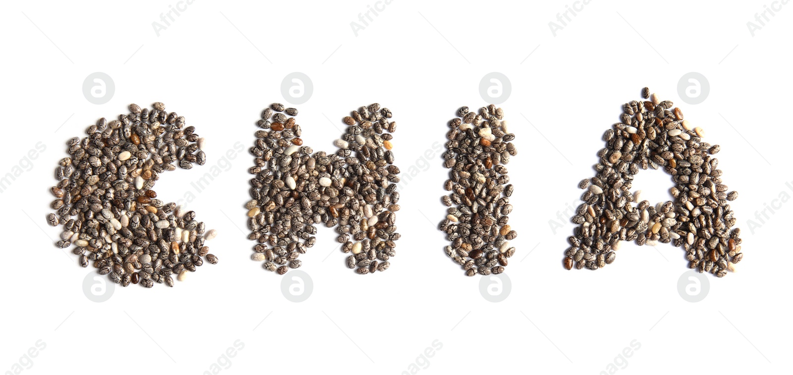 Photo of Word CHIA made of seeds on white background, top view