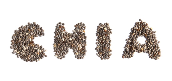 Photo of Word CHIA made of seeds on white background, top view