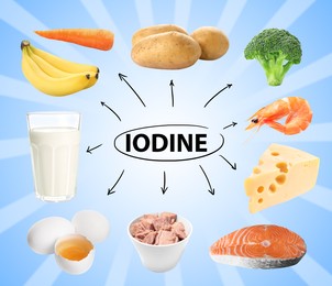 Image of Different products rich in Iodine on color background