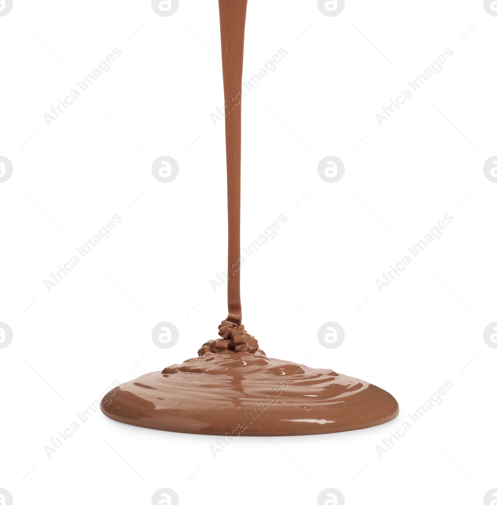 Photo of Pouring tasty melted milk chocolate isolated on white