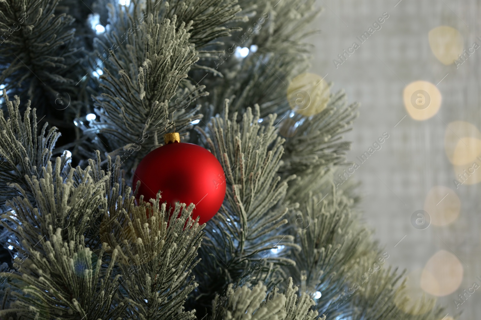 Photo of Beautiful Christmas tree decorated with festive lights and red ball, closeup