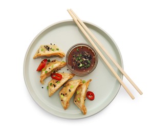Photo of Delicious gyoza (asian dumplings) with sauce, pepper, onion, sesame and chopsticks isolated on white, top view