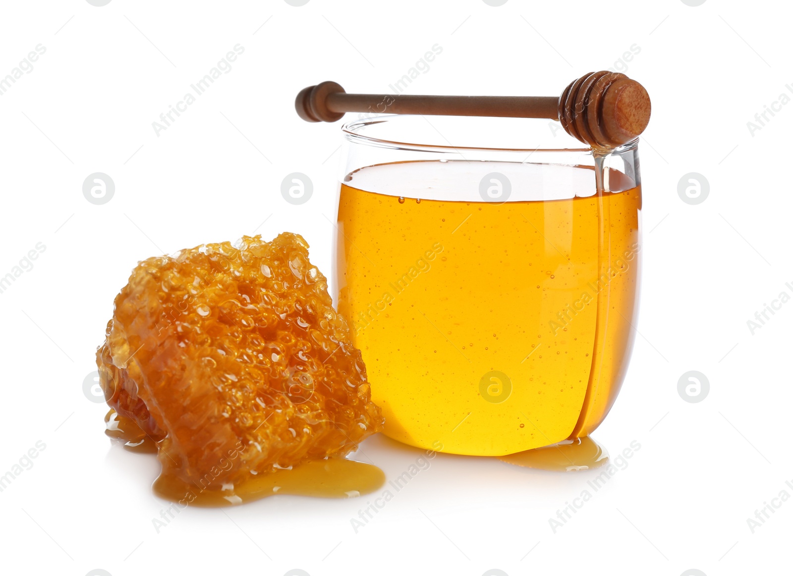 Photo of Composition with fresh honey on white background