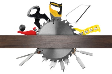 Image of Carpentry tools and wooden surface on white background, collage