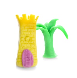 Medieval tower and tree made from play dough on white background