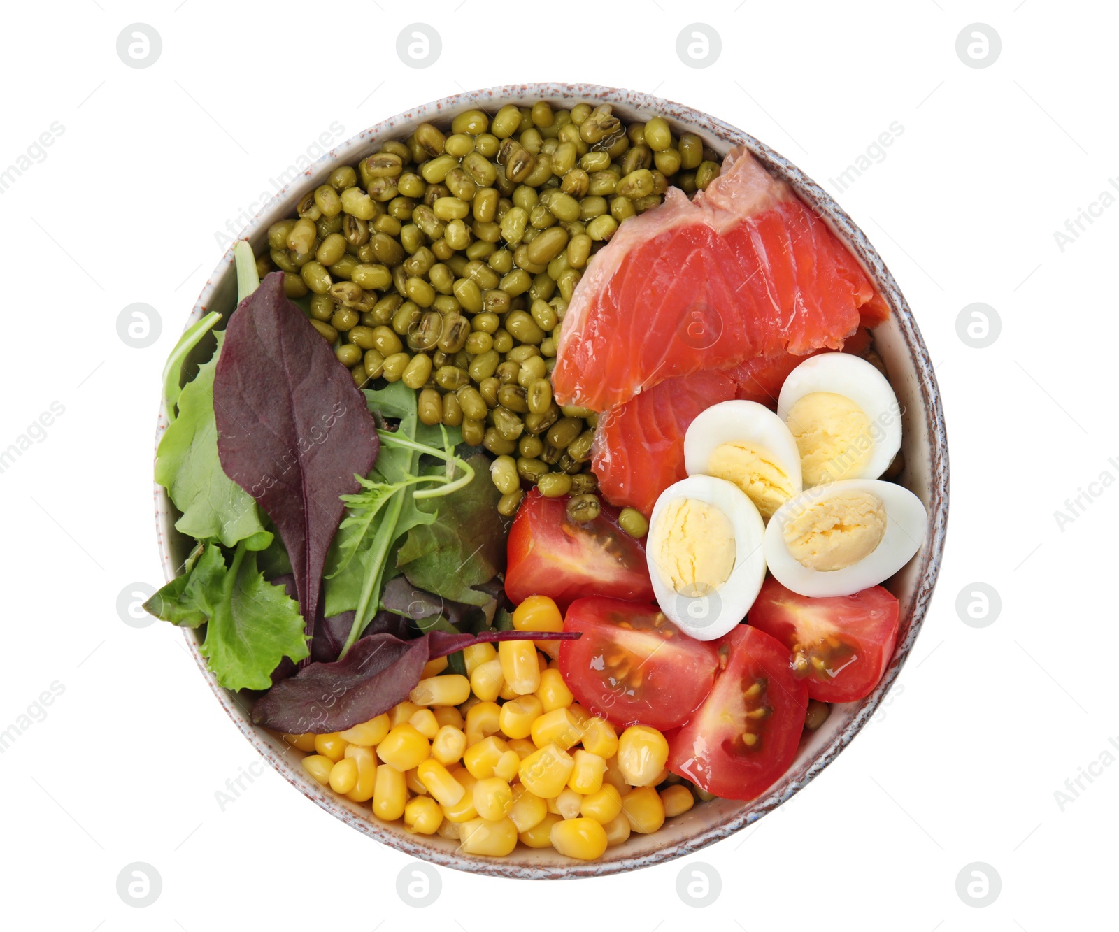 Photo of Bowl of salad with mung beans isolated on white, top view