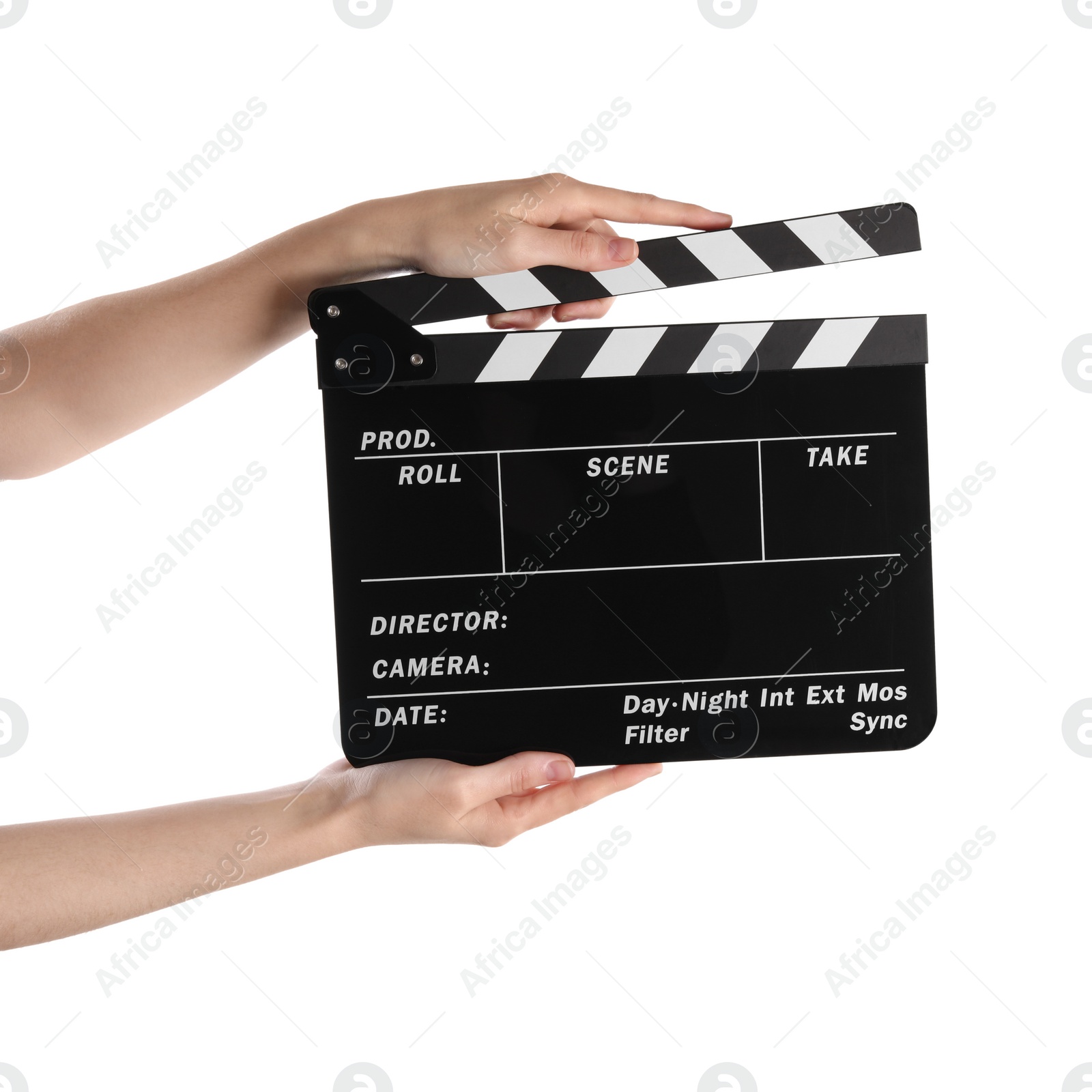 Photo of Woman holding movie clapper on white background, closeup