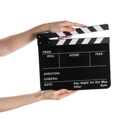 Woman holding movie clapper on white background, closeup