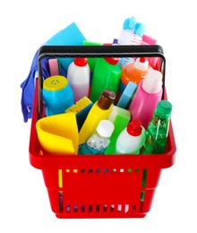 Shopping basket full of detergents on white background