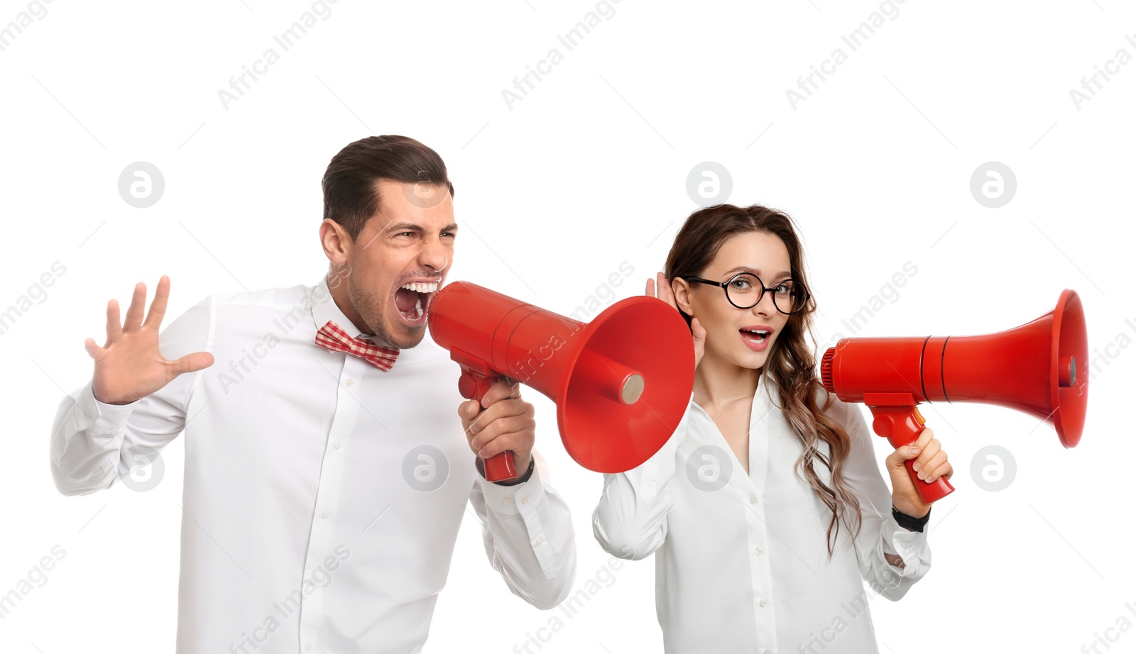 Image of Collage of people with megaphones on white background