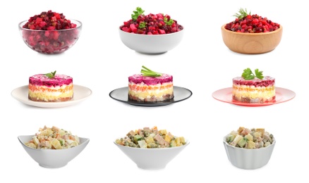 Image of Set of traditional russian salads on white background