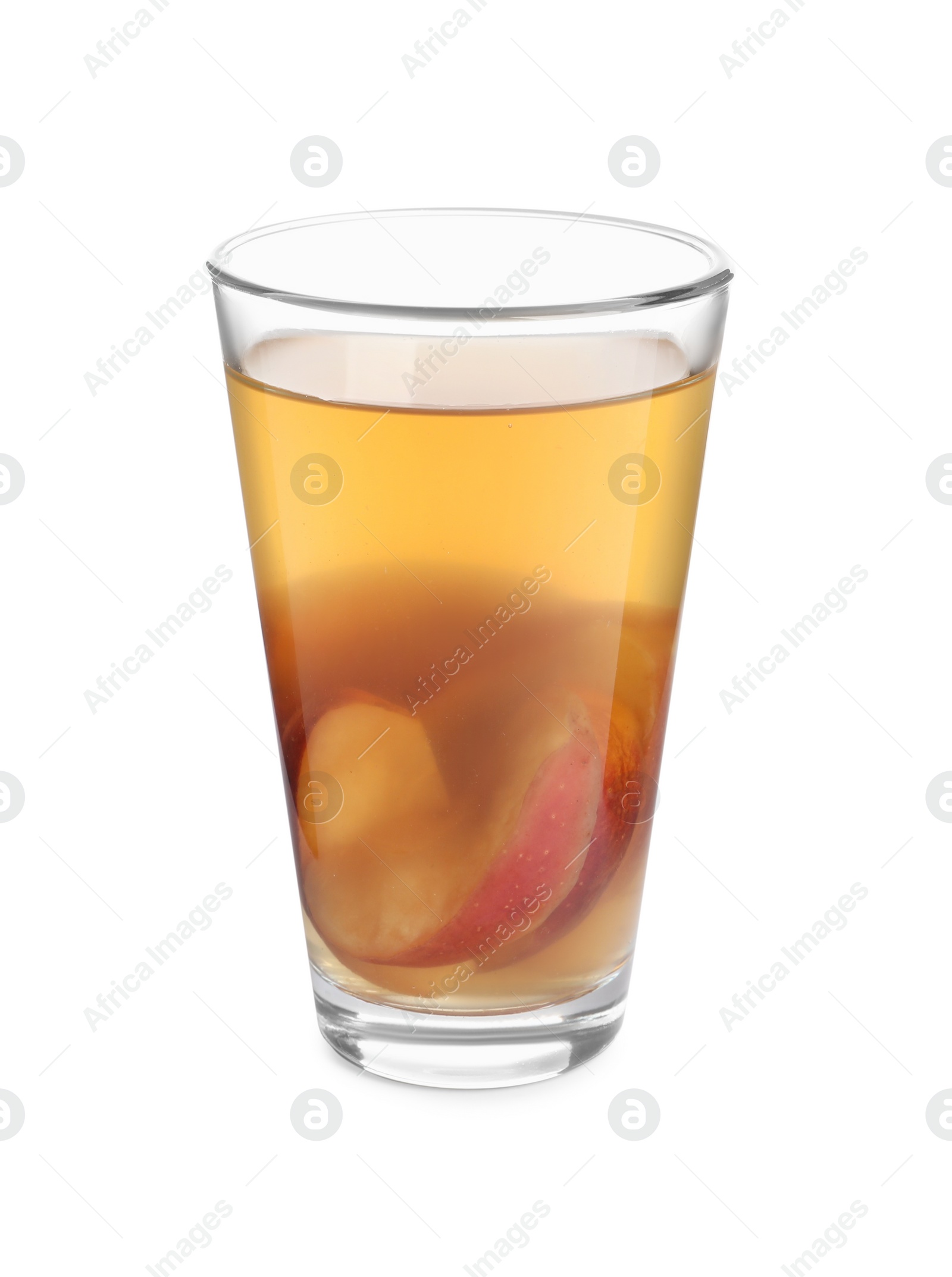 Photo of Delicious compot with dried apple slices in glass on white background