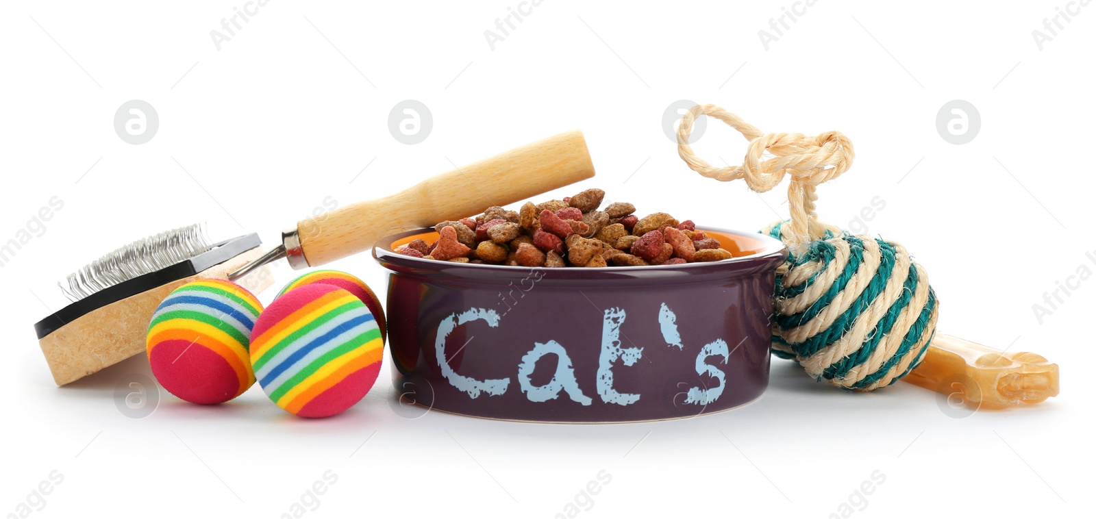 Photo of Cat's accessories and food on white background