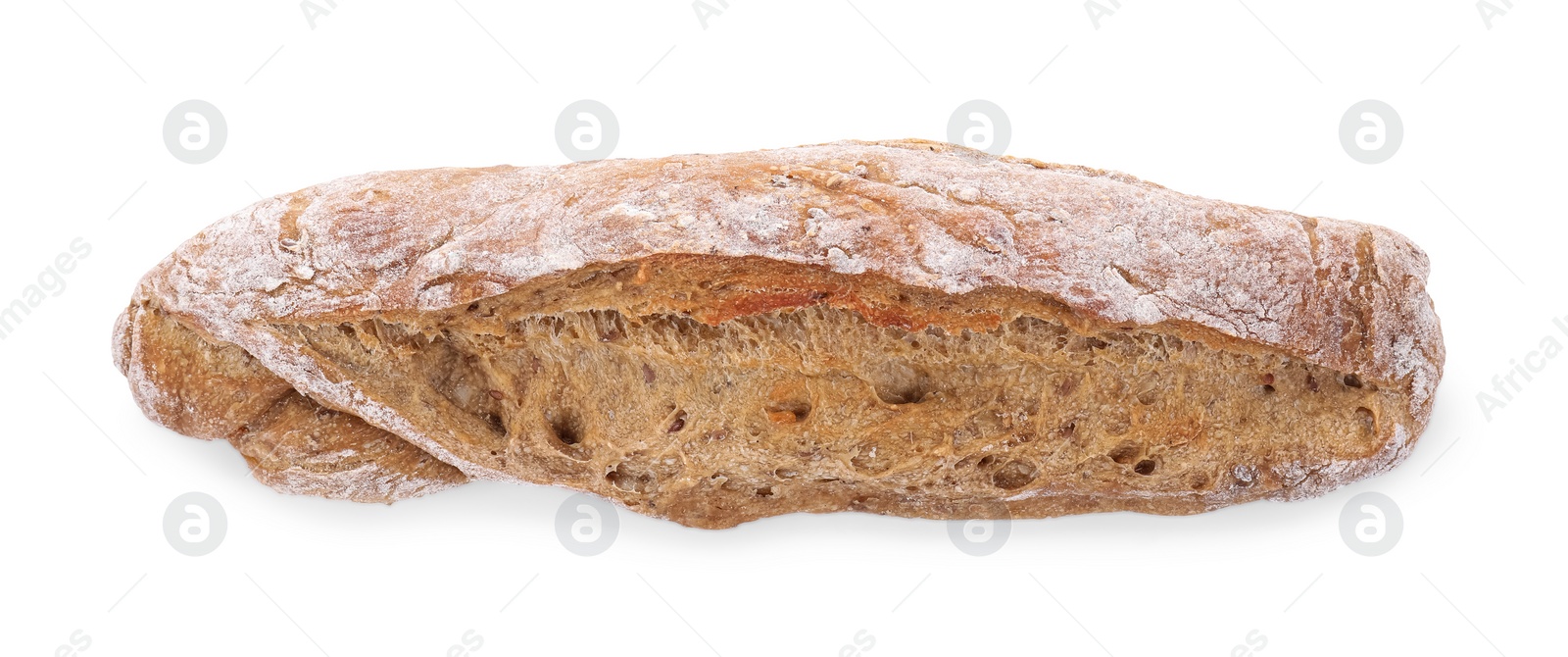 Photo of Freshly baked sourdough bread isolated on white, top view