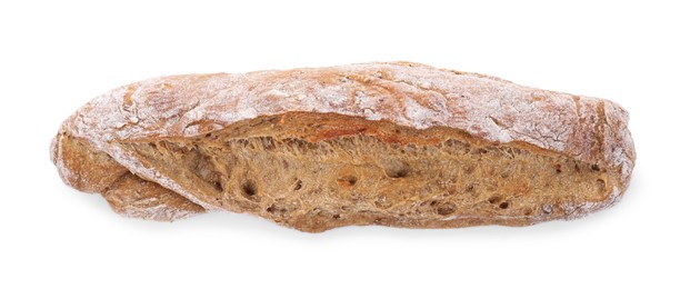 Photo of Freshly baked sourdough bread isolated on white, top view