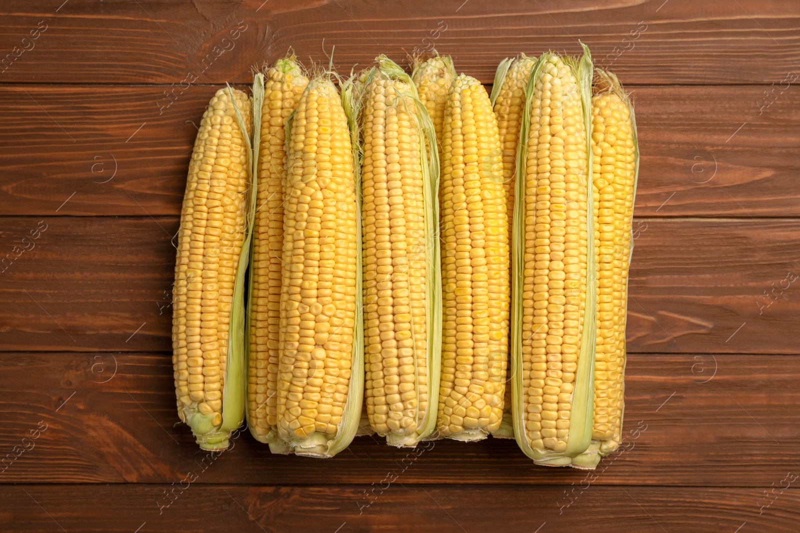 Photo of Tasty ripe corn cobs on wooden background, top view