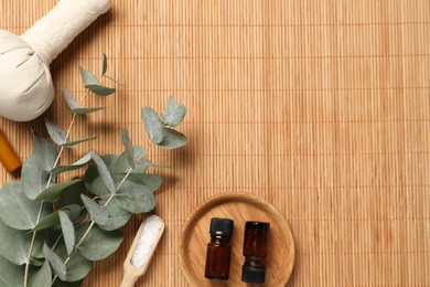 Photo of Different aromatherapy products and eucalyptus branches on bamboo mat, flat lay. Space for text