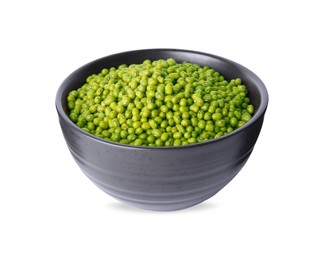 Photo of Bowl with green mung beans isolated on white. Organic grains