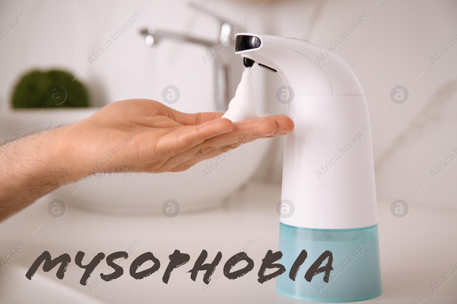 Image of Man using automatic soap dispenser indoors, closeup. Mysophobia