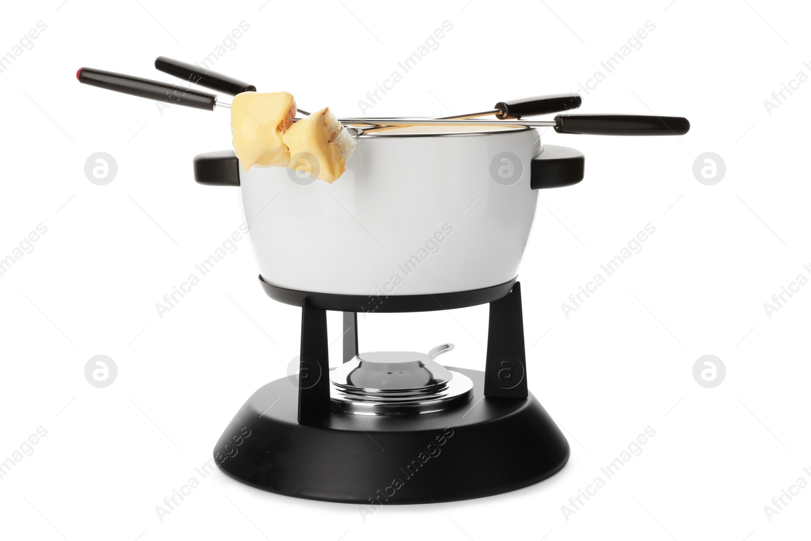 Photo of Pot of delicious cheese fondue and forks with bread on white background