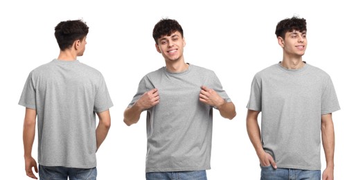 Image of Collage with photos of man in grey t-shirt on white background, back and front views. Mockup for design